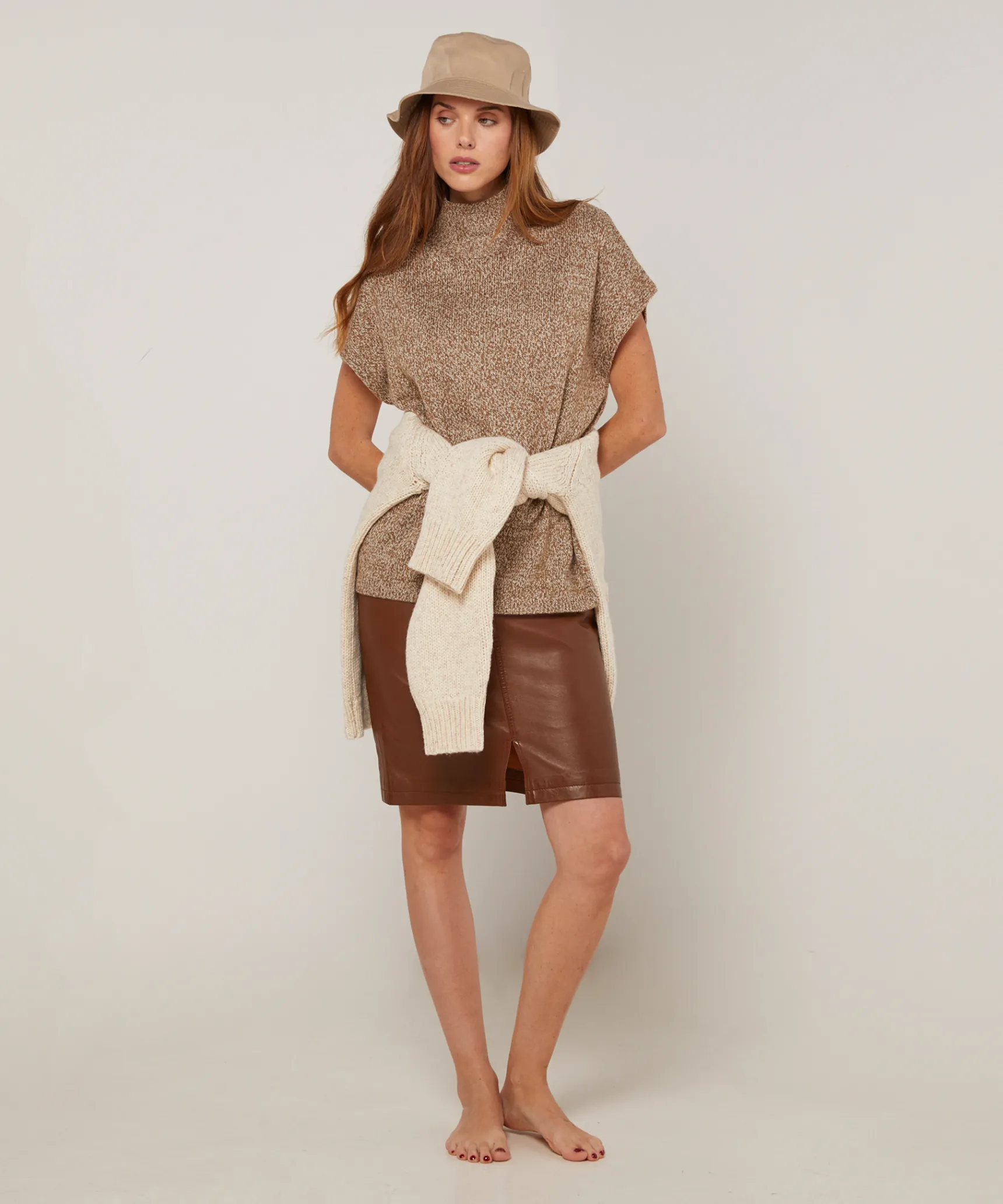 Outlet Rodier Pull long col montant manches courtes chiné marron