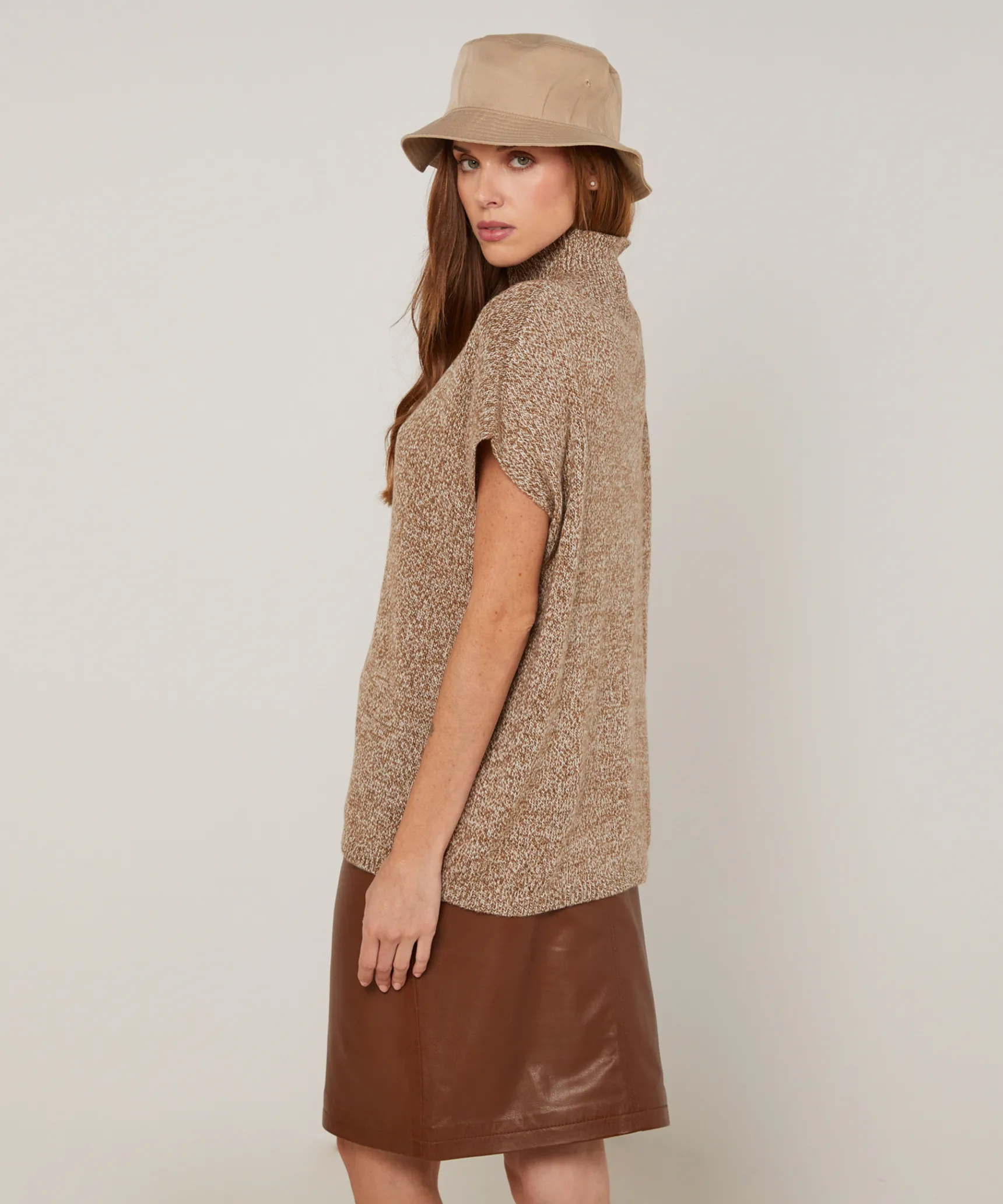 Outlet Rodier Pull long col montant manches courtes chiné marron