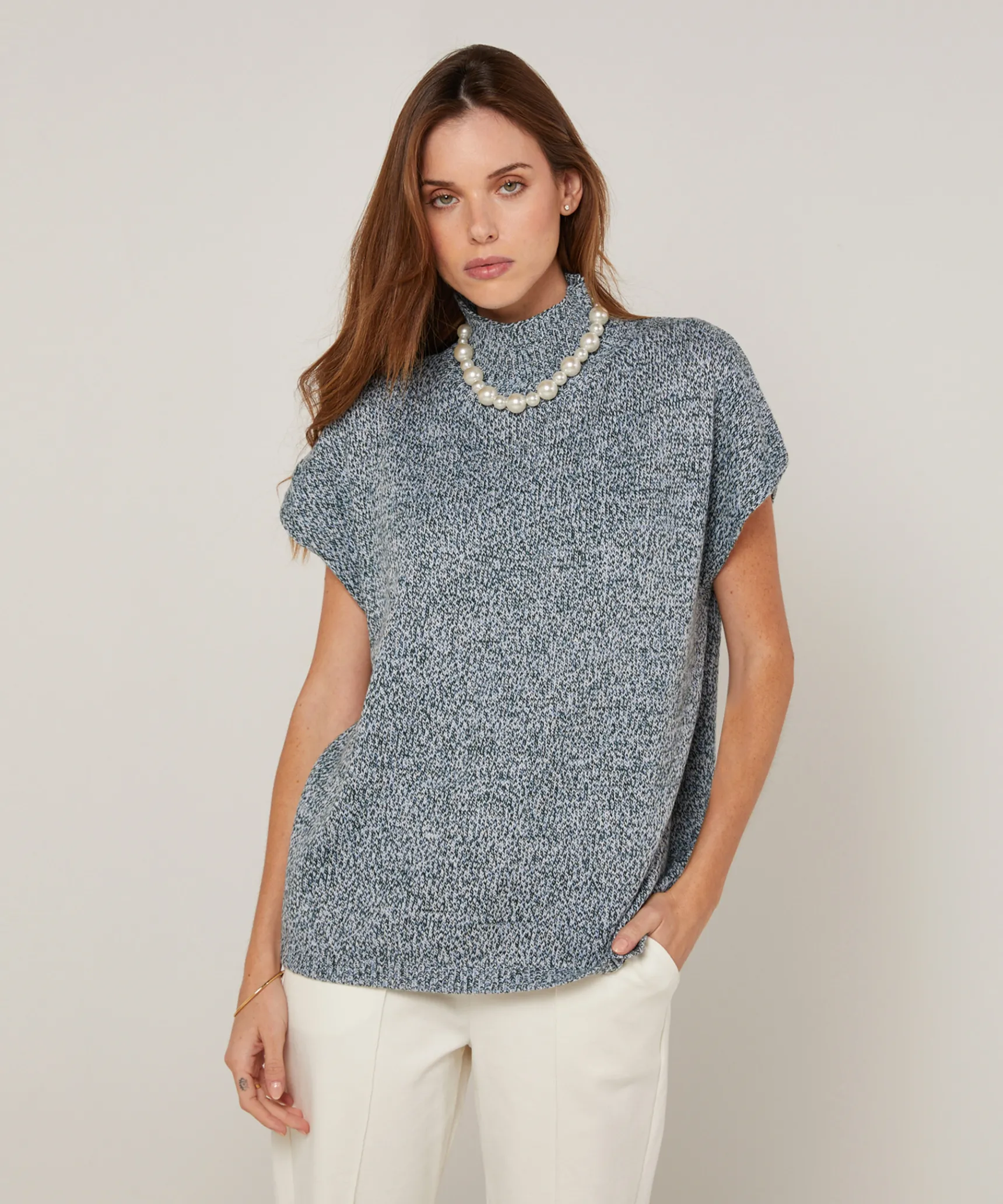 Sale Rodier Pull long col montant manches courtes chiné bleu