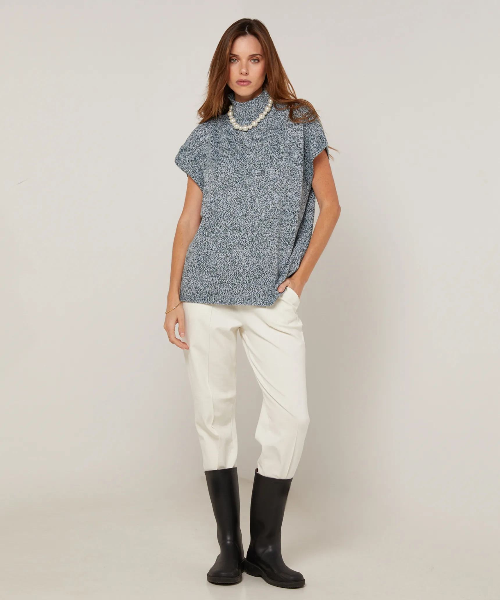 Sale Rodier Pull long col montant manches courtes chiné bleu