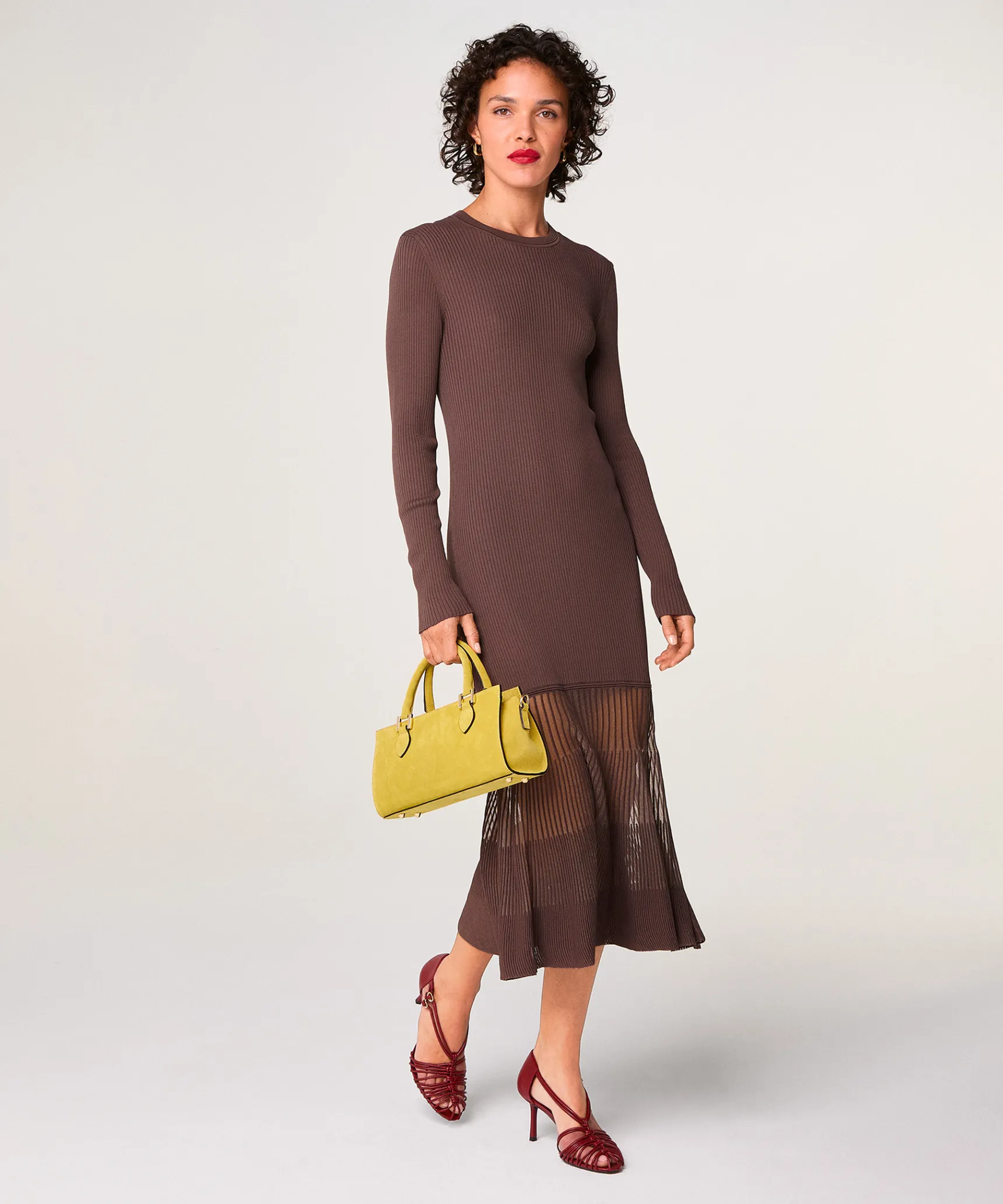 Discount Rodier Robe longue bi-matière marron écorce