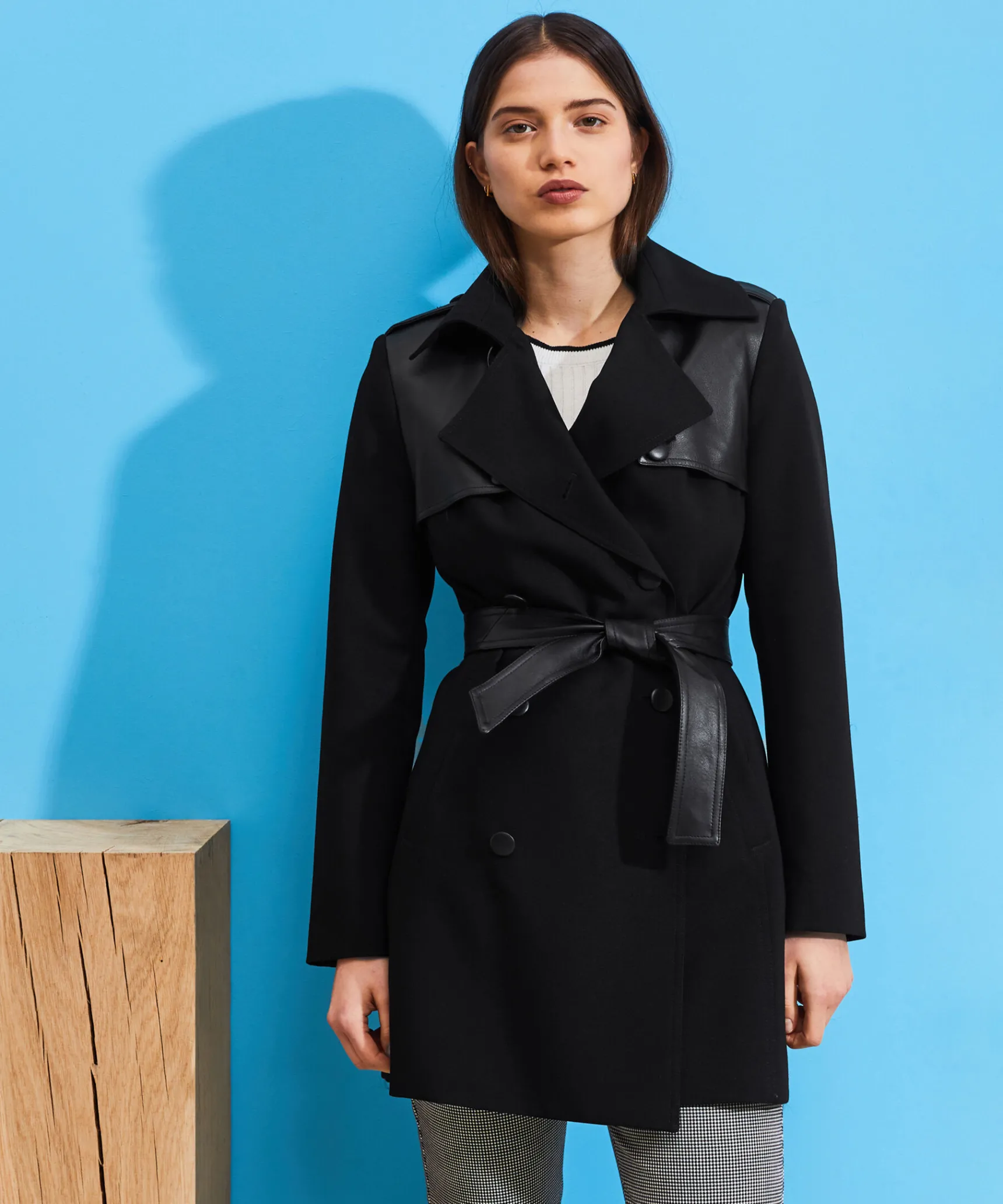 Rodier Trench-coat bi-matière cuir noir