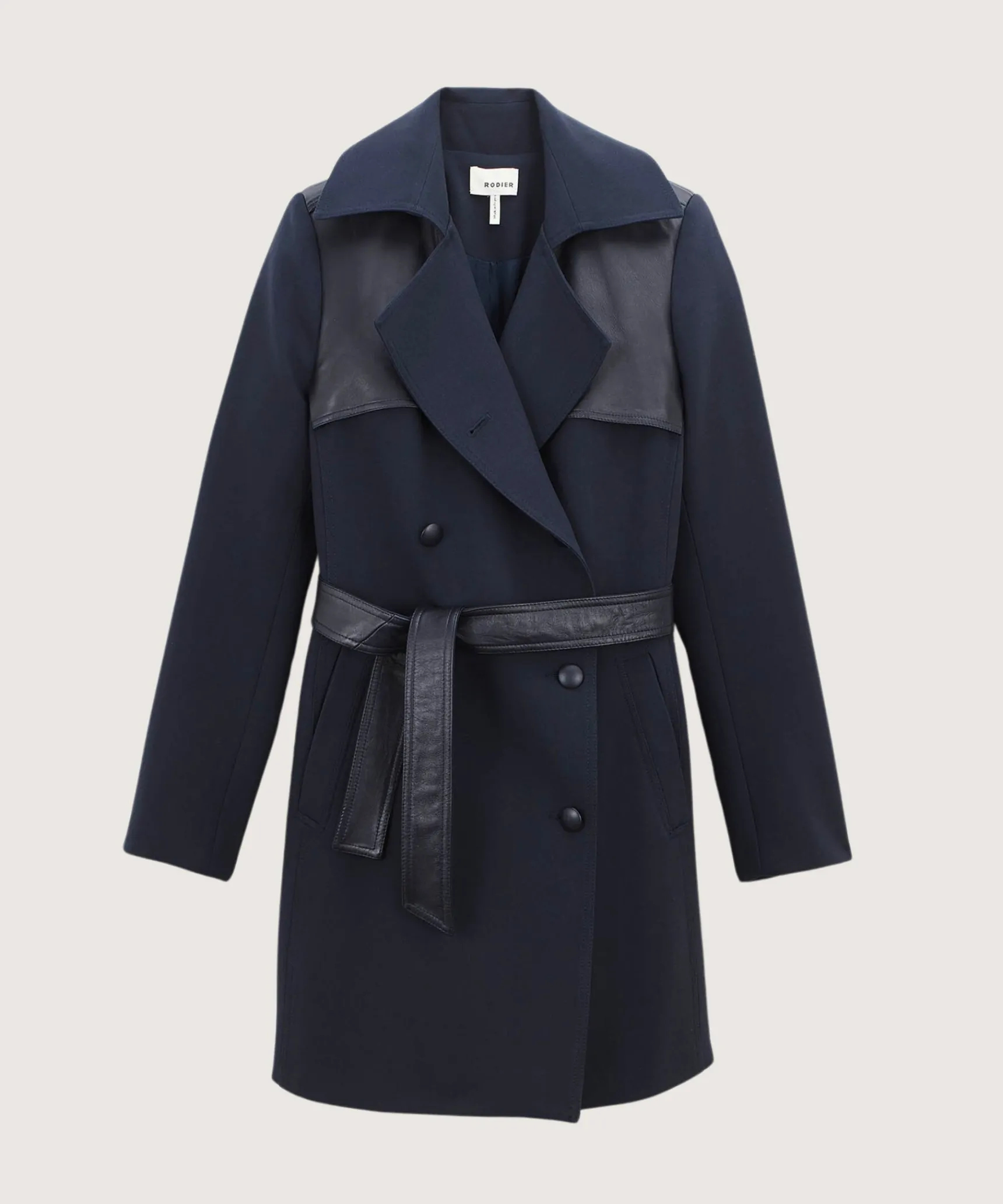 Clearance Rodier Trench-coat bi-matière cuir bleu marine