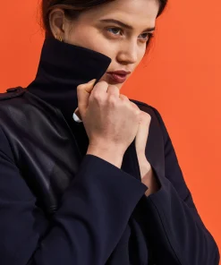 Clearance Rodier Trench-coat bi-matière cuir bleu marine
