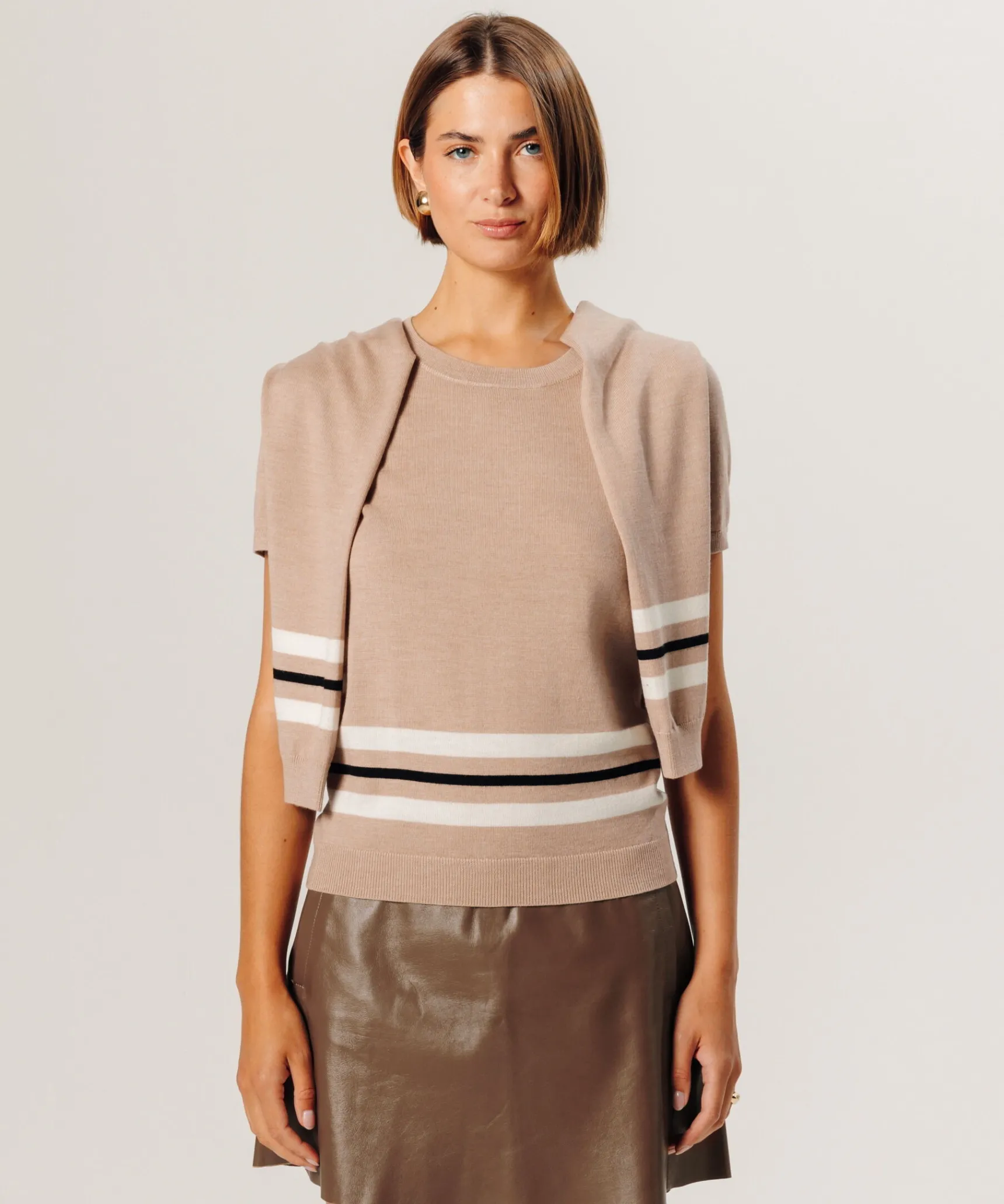 Online Rodier Twin-set rayé en laine mérinos beige ficelle