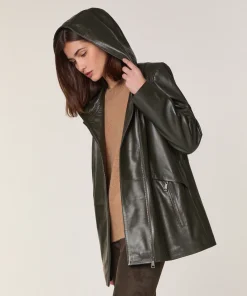 New Rodier Veste à capuche en cuir vert kaki