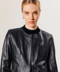 Online Rodier Veste courte zippée en cuir bleu nuit