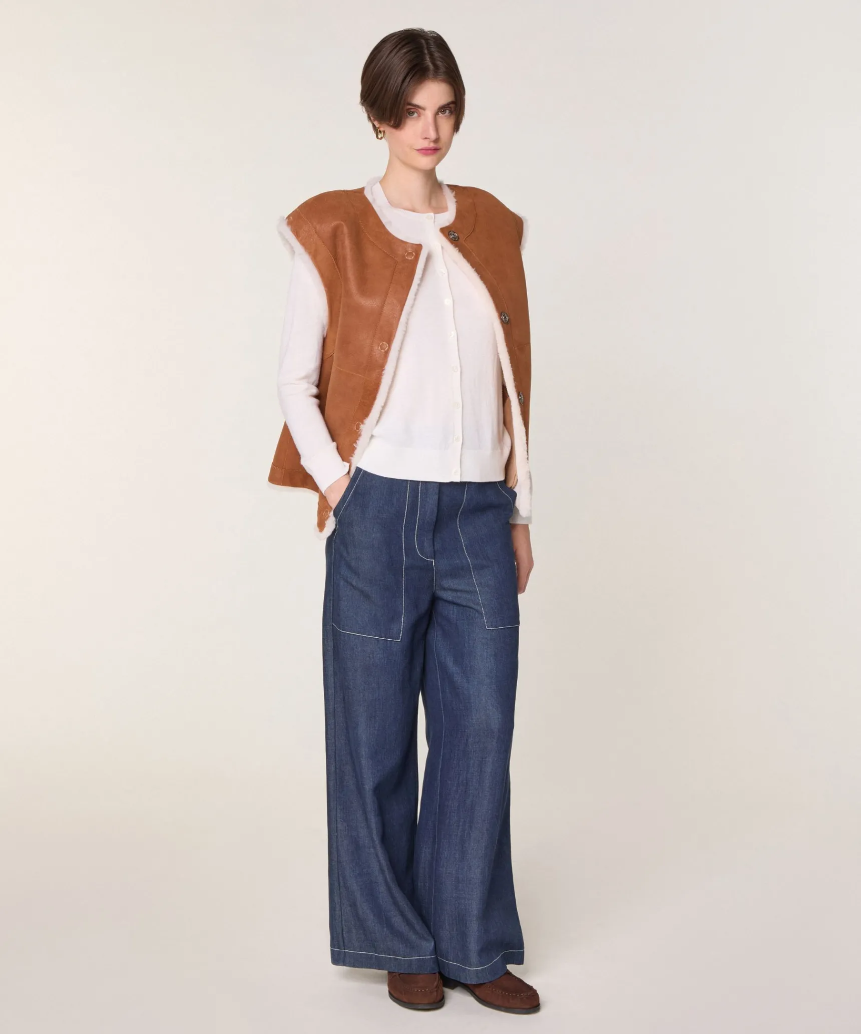 Outlet Rodier Veste sans manches réversible en peau lainée marron camel