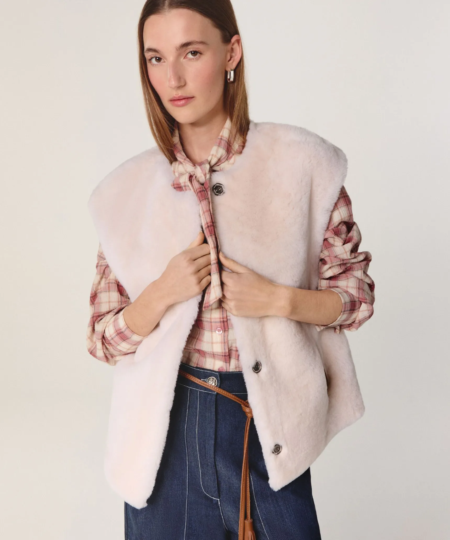 Outlet Rodier Veste sans manches réversible en peau lainée marron camel