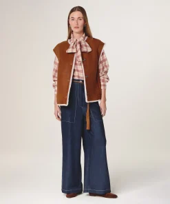 Outlet Rodier Veste sans manches réversible en peau lainée marron camel
