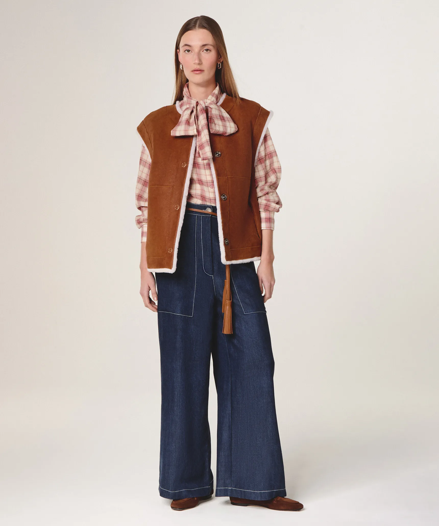 Outlet Rodier Veste sans manches réversible en peau lainée marron camel